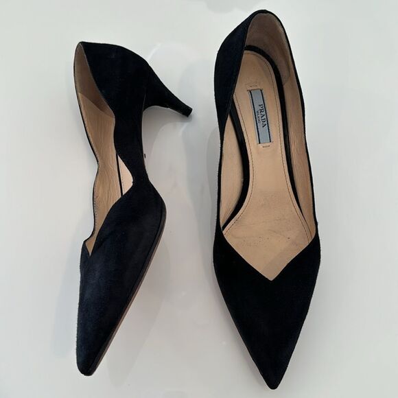 Prada Calzature Donna Black Suede D’Orsay Pointed Toe Heels Pumps Size 37 - Picture 2 of 10
